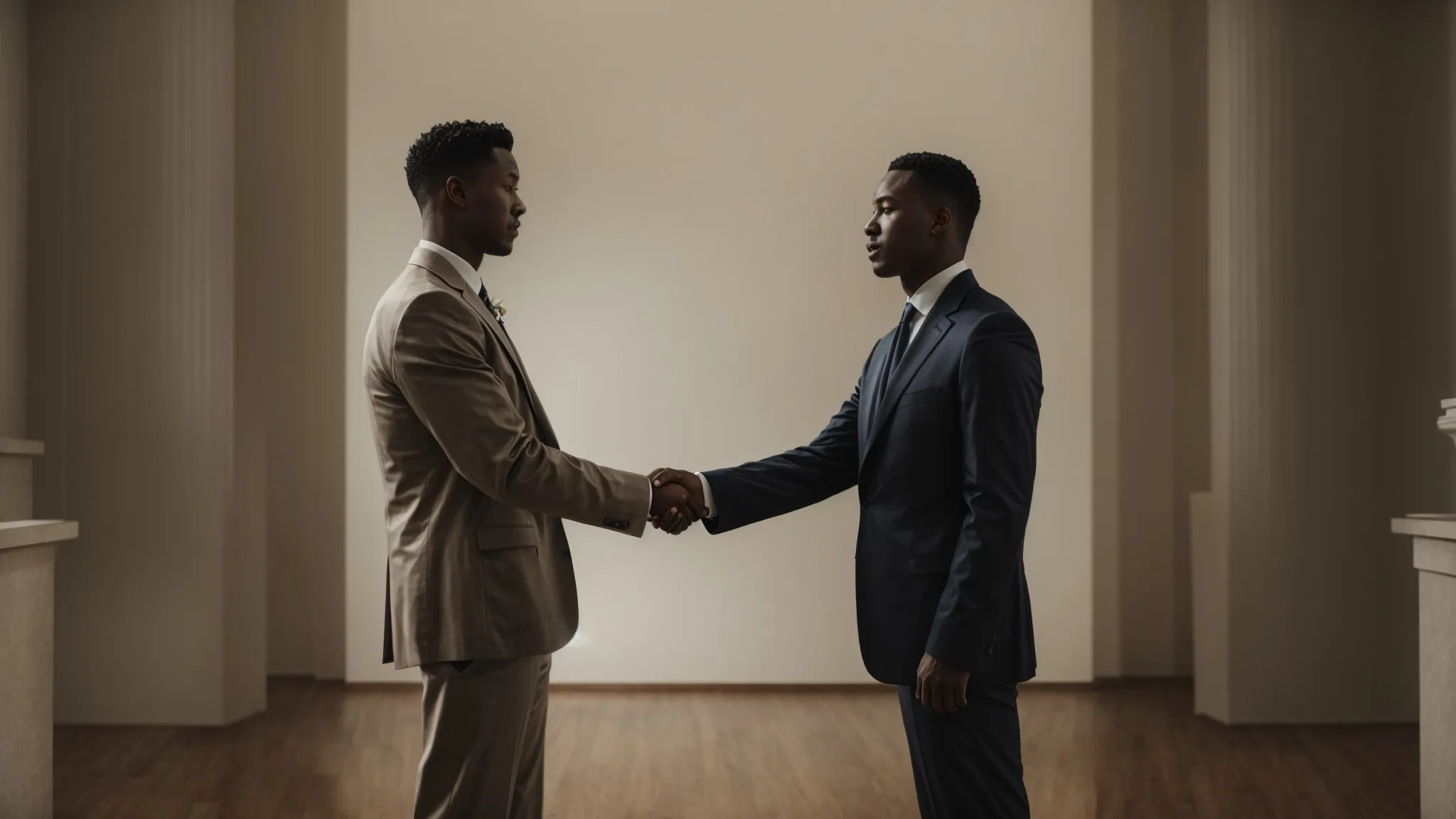 two individuals shake hands in front of a neutral backdrop while a third person observes, symbolizing the resolution of an arbitration dispute.