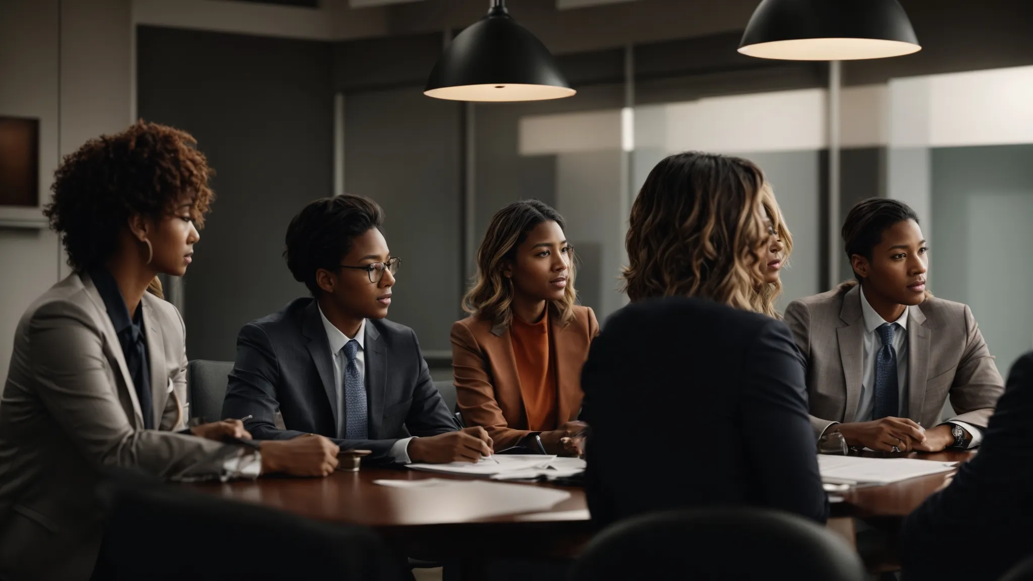 Diverse group of professionals engaged in a serious discussion around a conference table, reflecting themes of economic diplomacy and investment protection in a corporate setting.