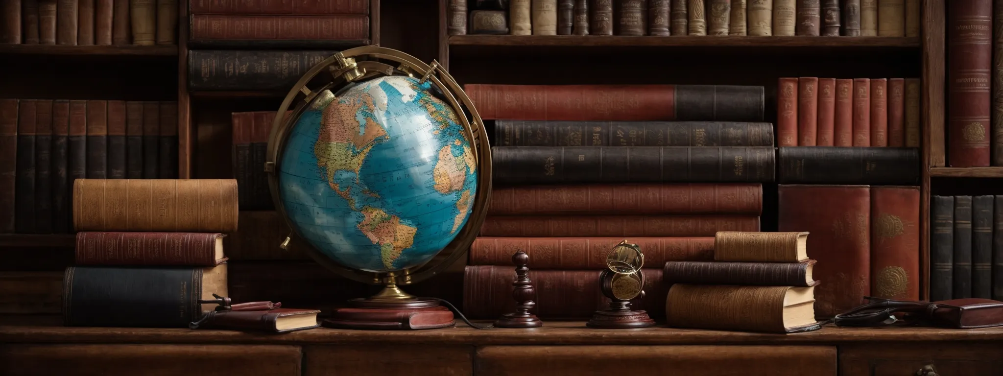 a globe surrounded by legal books, a gavel, and flags from different countries to symbolize the complexity of international trade law.