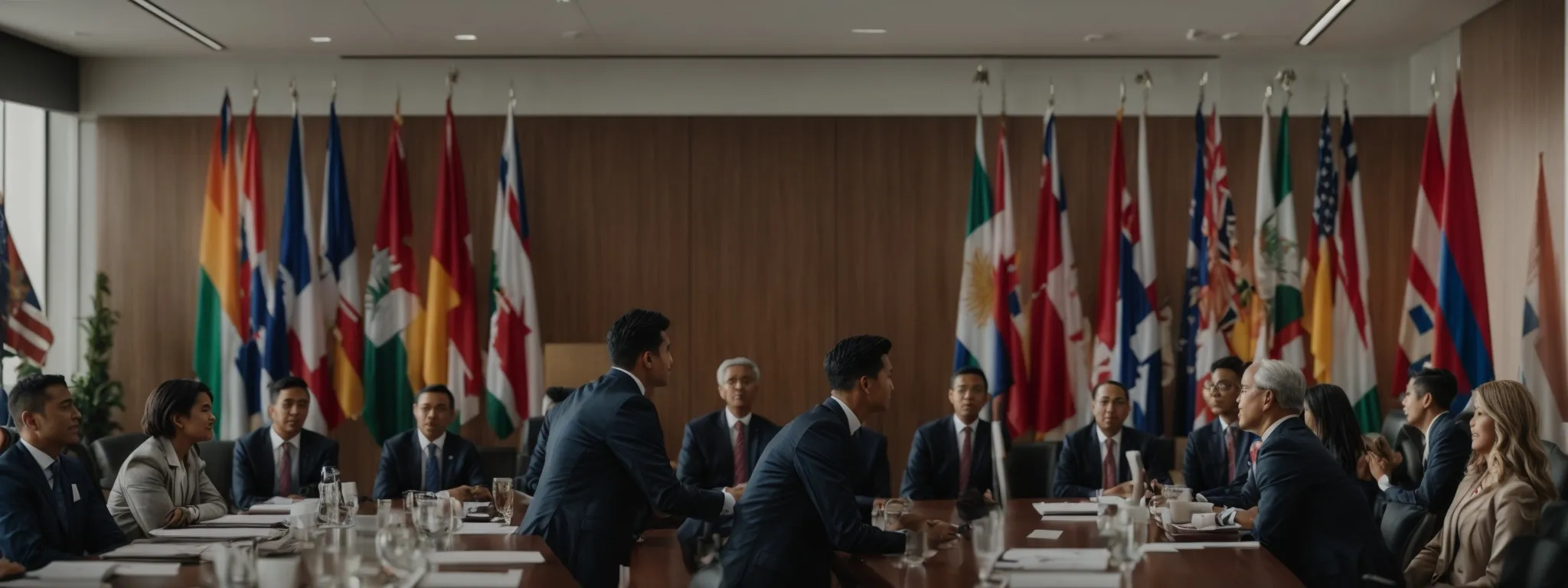 a businessperson shaking hands with a foreign delegate in a conference room adorned with flags of various nations.