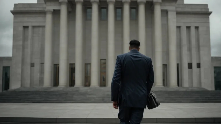 a grim-faced negotiator exits a large, imposing government building, a briefcase in hand, under an overcast sky.