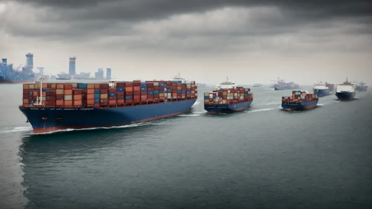 a line of cargo ships approaches a busy international port, symbolizing the complexities of global trade routes.