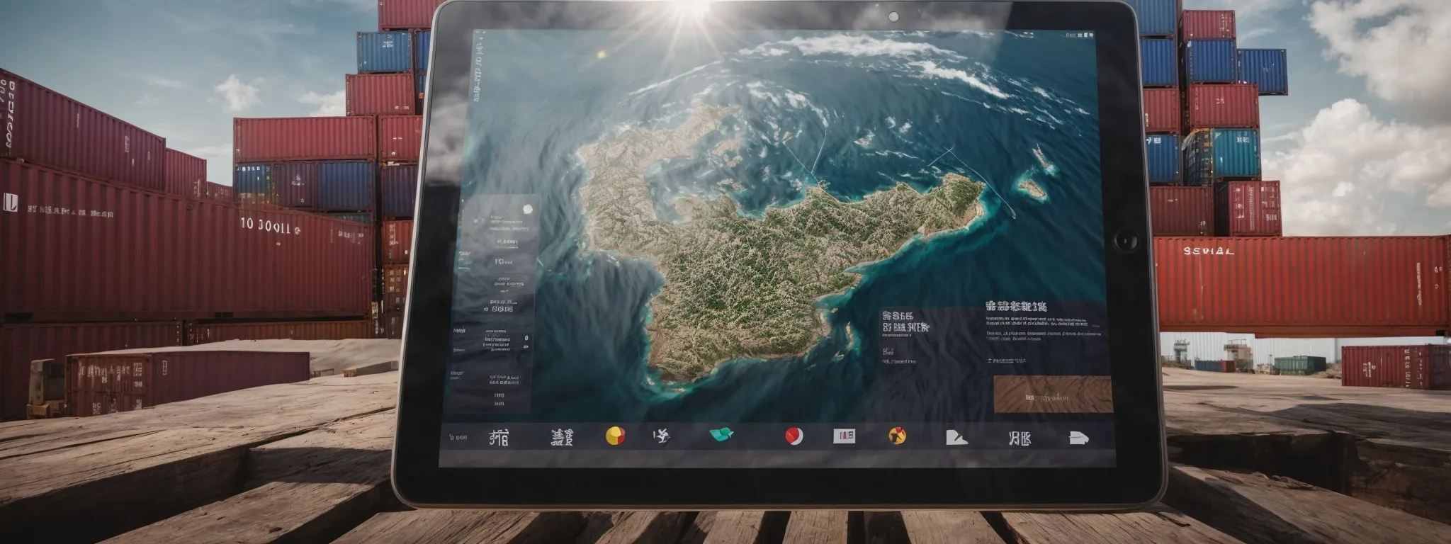 a globe flanked by shipping containers and a digital tablet displaying graphs, symbolizing international trade and strategy.