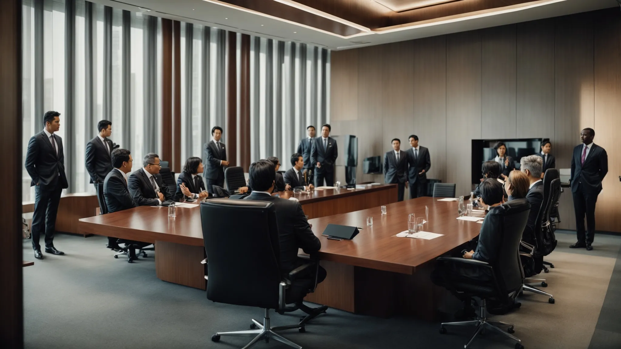 a modern conference room or chamber where a diverse group of diplomats or officials is engaged in a serious discussion.