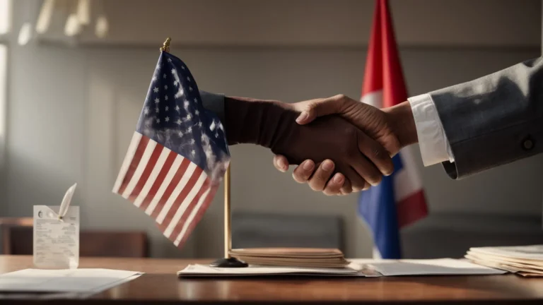 two individuals shaking hands across a table with country flags and legal documents.