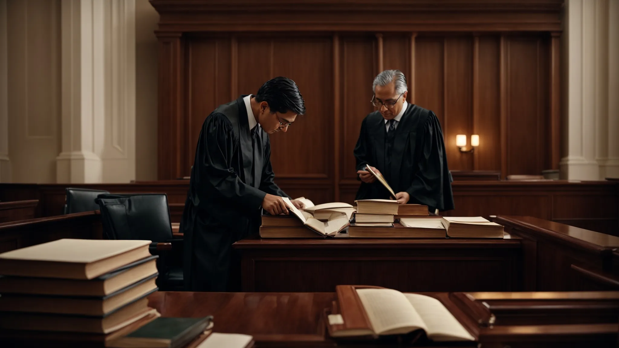 two lawyers in a courtroom scrutinizing a thick book of legal precedents.