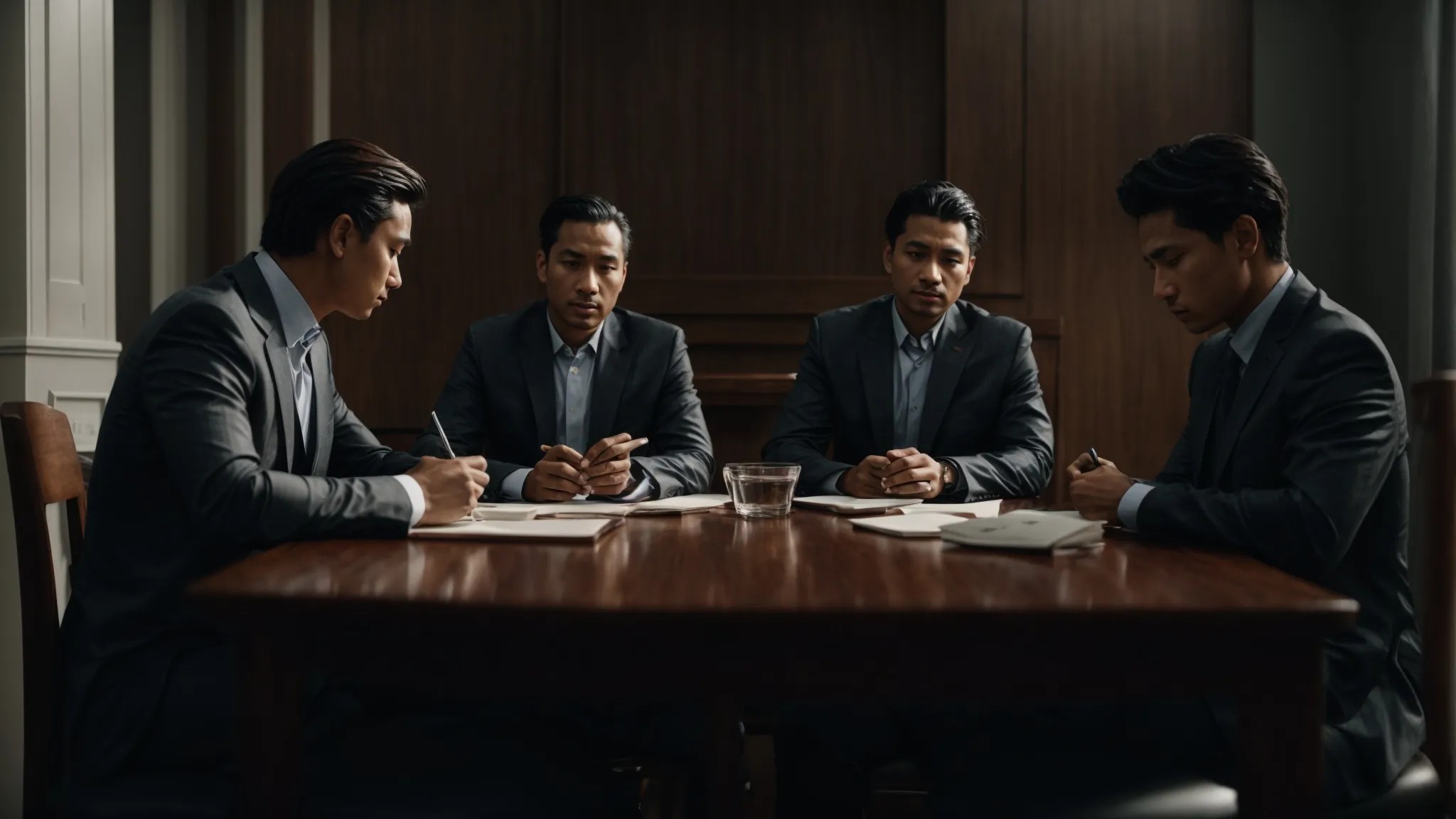 three people sit around a table, one pleading their case, another looking on with a stern expression, and the third meticulously taking notes.
