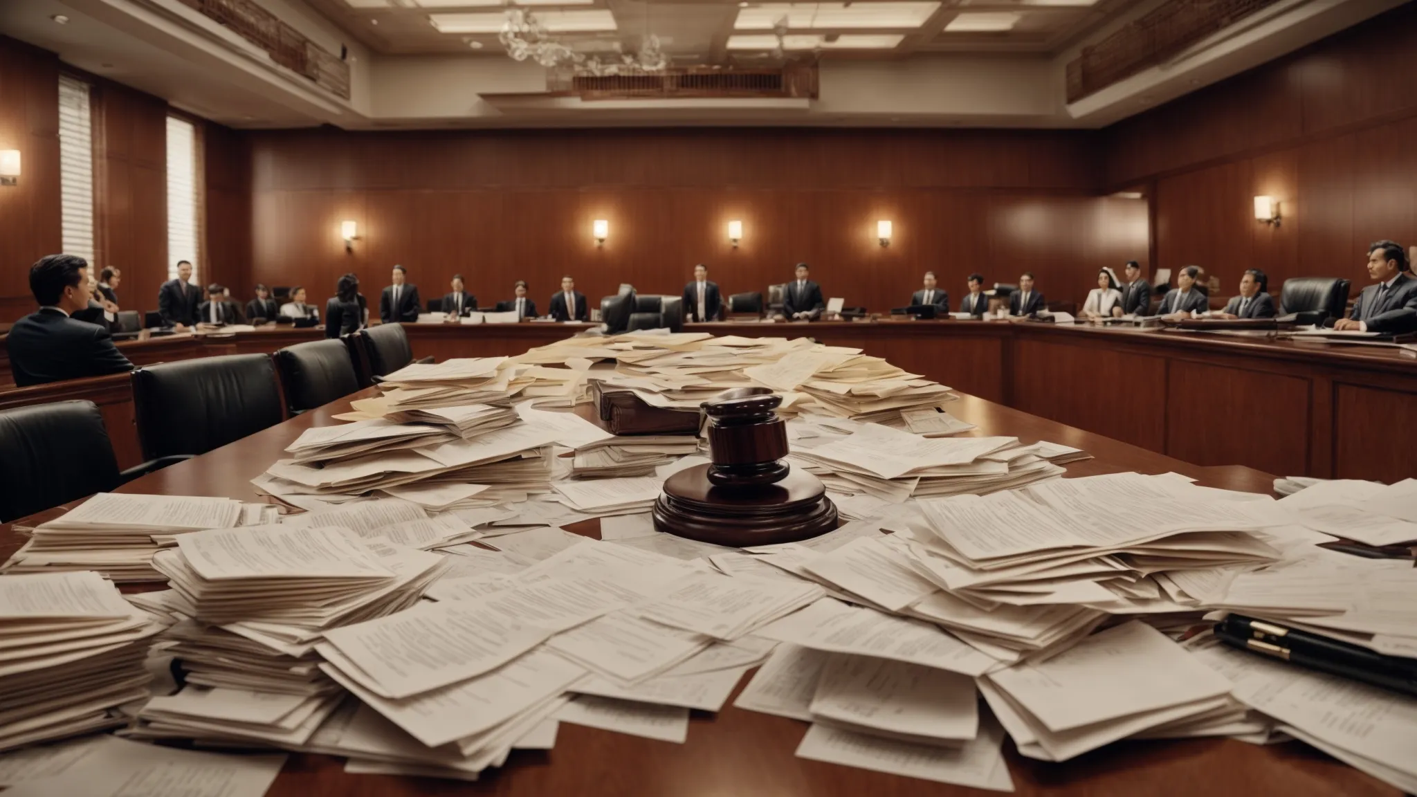 a chaotic courtroom with scattered legal documents and attorneys in mid-dispute, symbolizing the unpredictable nature of arbitration outcomes.