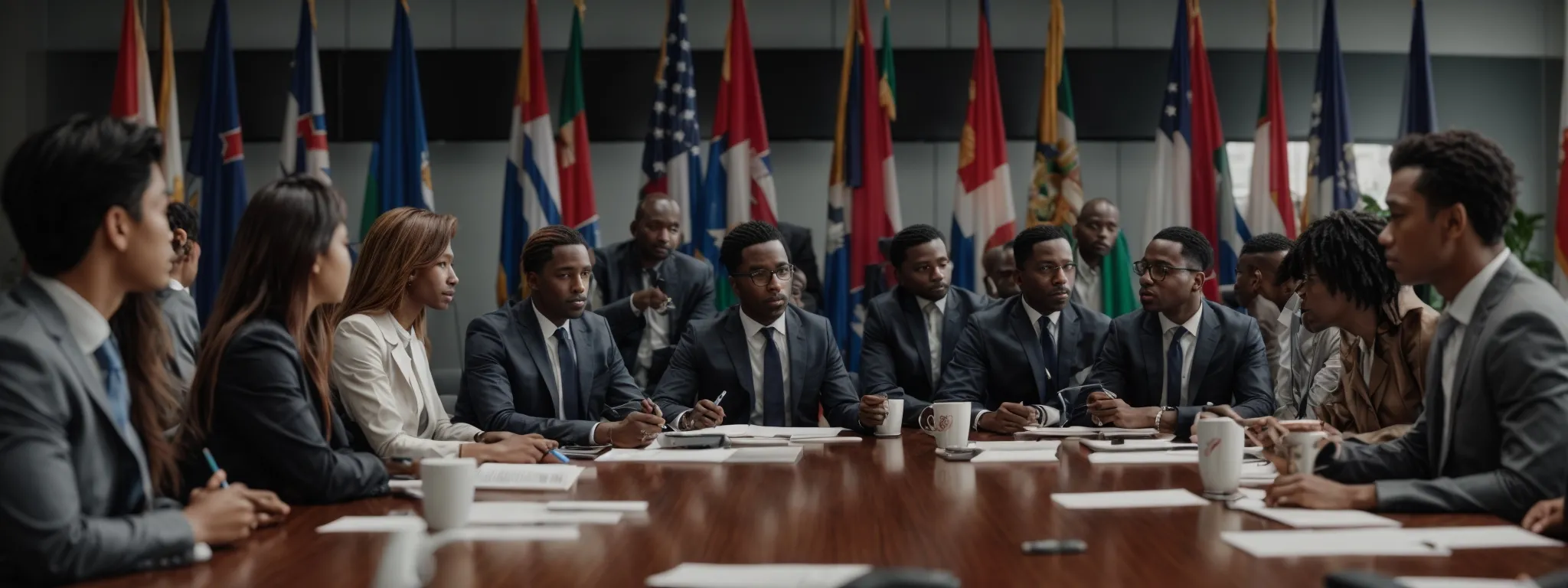 a diverse group of professionals is sitting around a large conference table, engaged in a discussion with legal documents and international flags displayed.