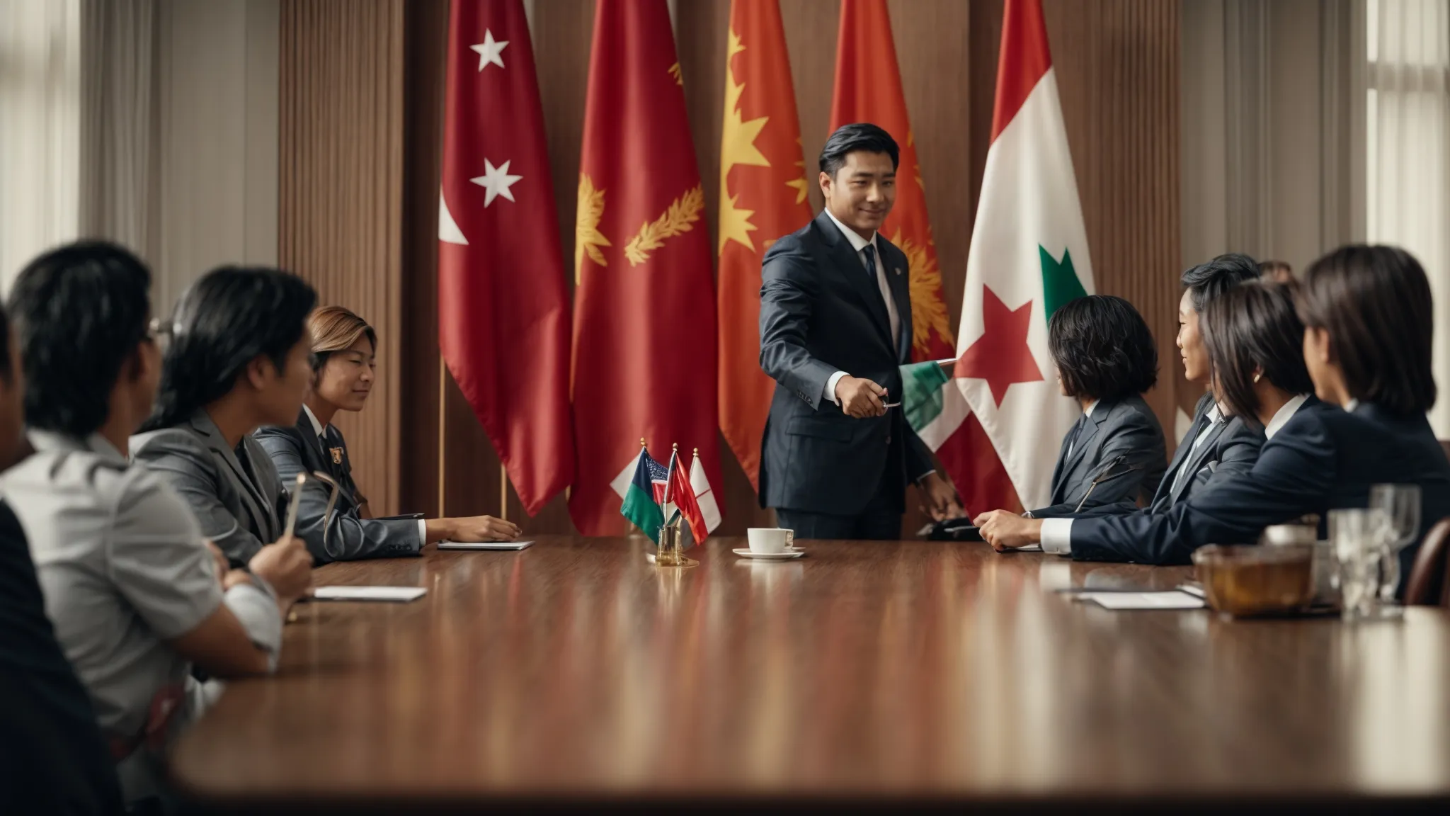 two corporate representatives shake hands across a table with flags of different nations in the background.
