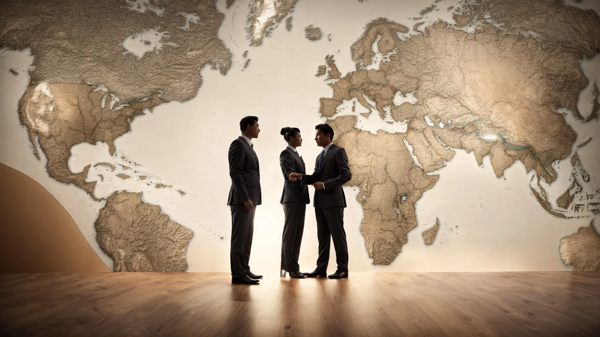 two corporate representatives shaking hands in front of a world map, symbolizing the resolve of a trade dispute via isds.