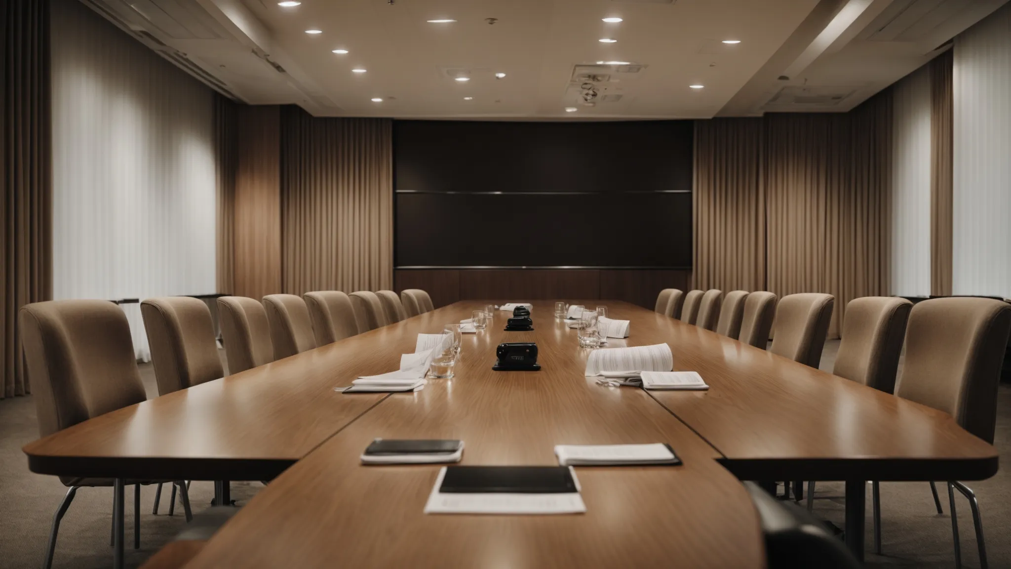 a neutral conference room with documents on a large table and several empty chairs awaiting attendees.