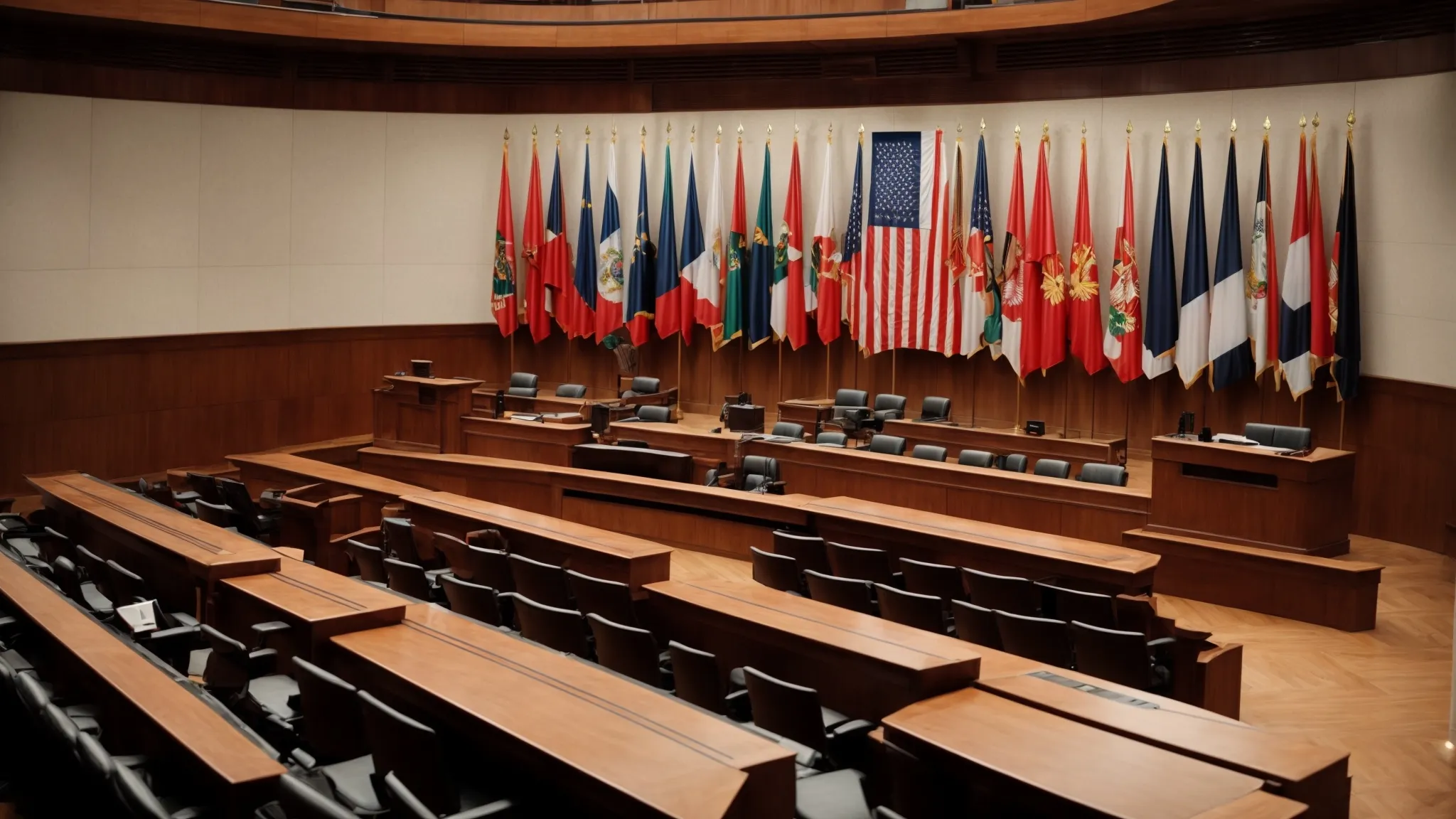 a grand courtroom with national flags and a large, imposing arbitration table at the center, signifying the stage where isds issues are deliberated.