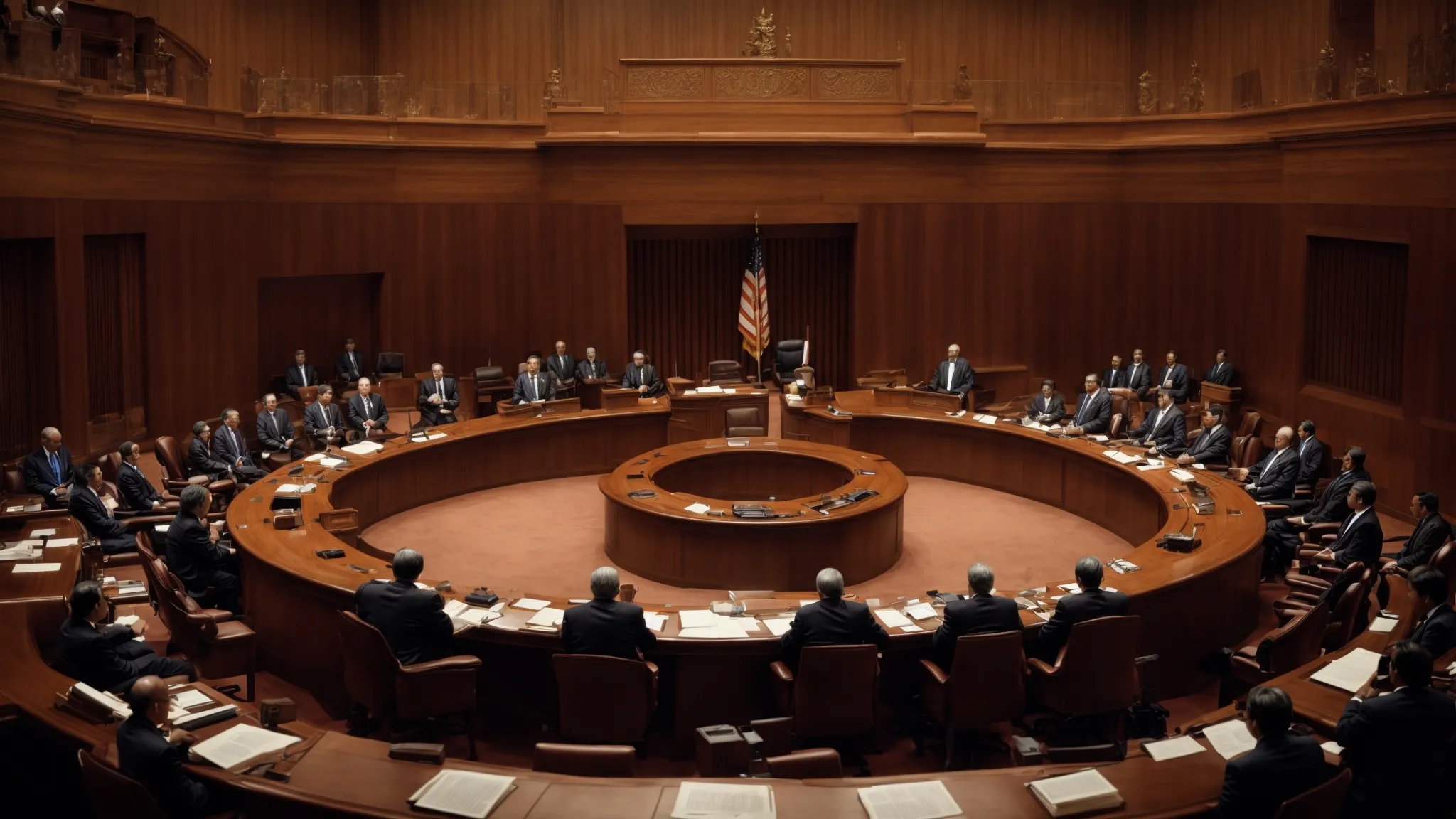 a grand courtroom with an international tribunal deliberating over a complex case, reflecting the gravity of isds arbitration on state sovereignty.