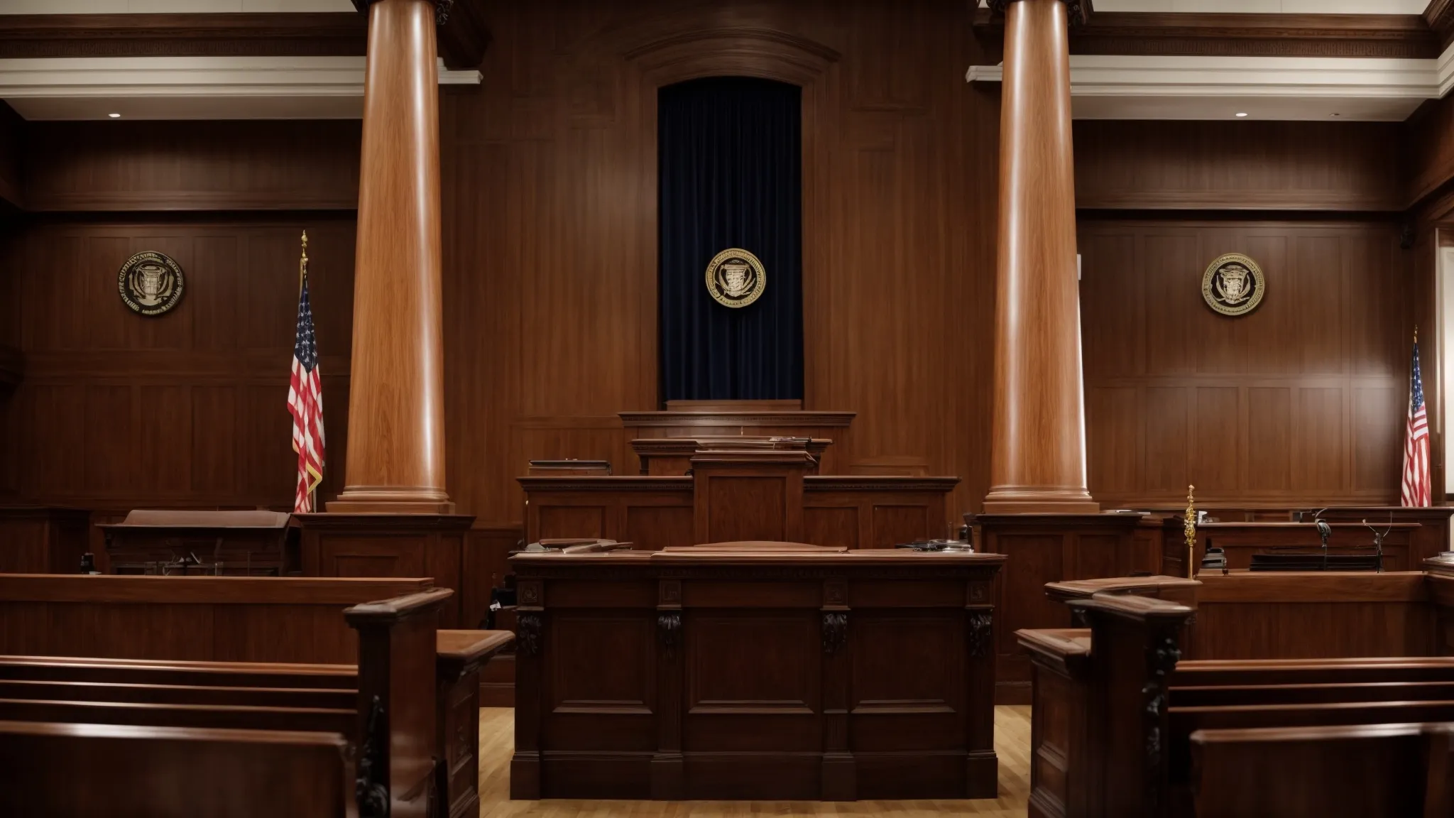 a grand, imposing courtroom with a vacant judge's bench and a pair of flags stands as a symbol of the judicial authority where isds debates might unfold.