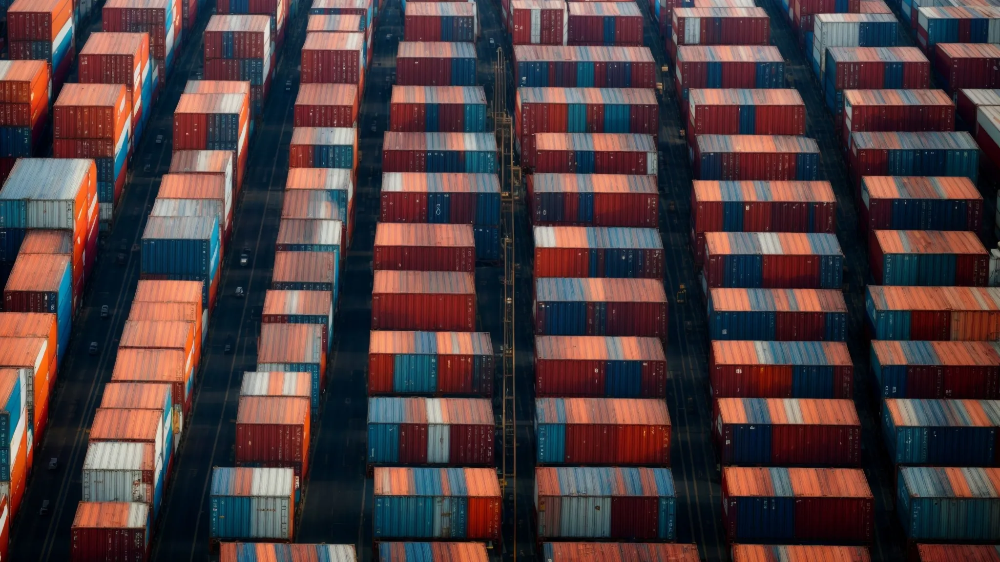 a network of diverse shipping containers at a bustling international port, symbolizing global trade.