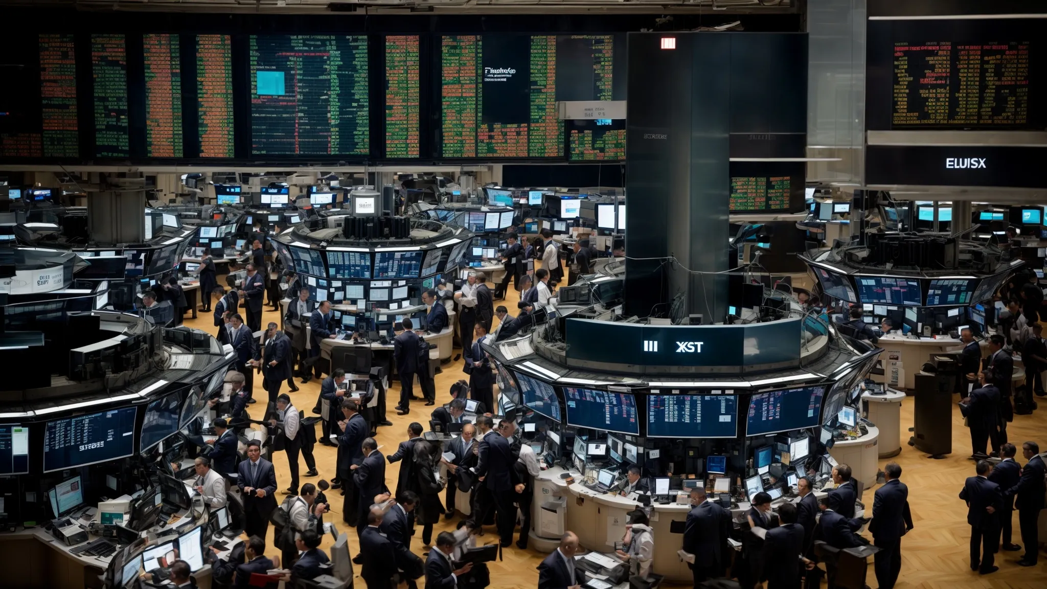 a bustling stock exchange floor with traders intently focused on screens and gesturing to one another, embodying the dynamic world of securities and financial strategies.