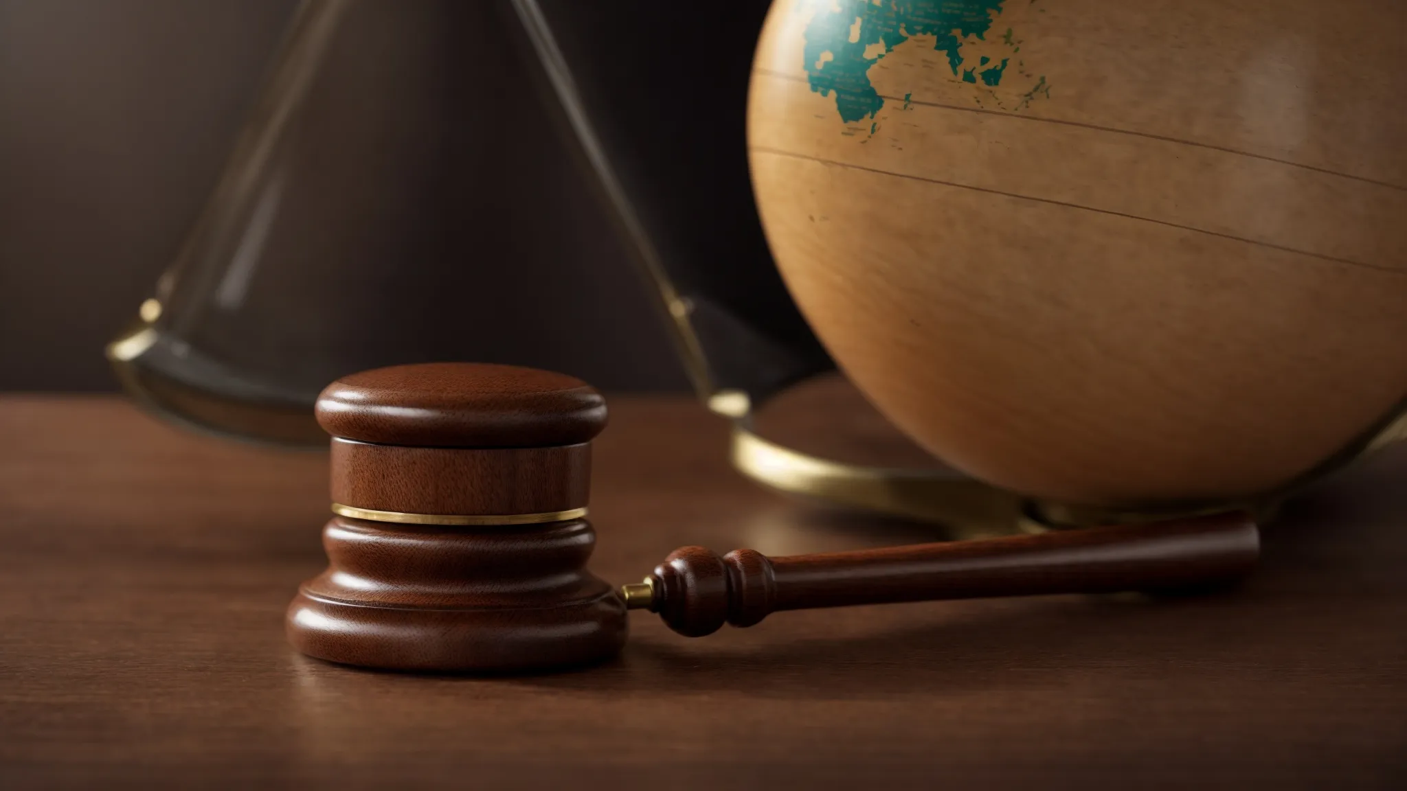 a gavel rests beside a globe on a wooden table, symbolizing international arbitration.