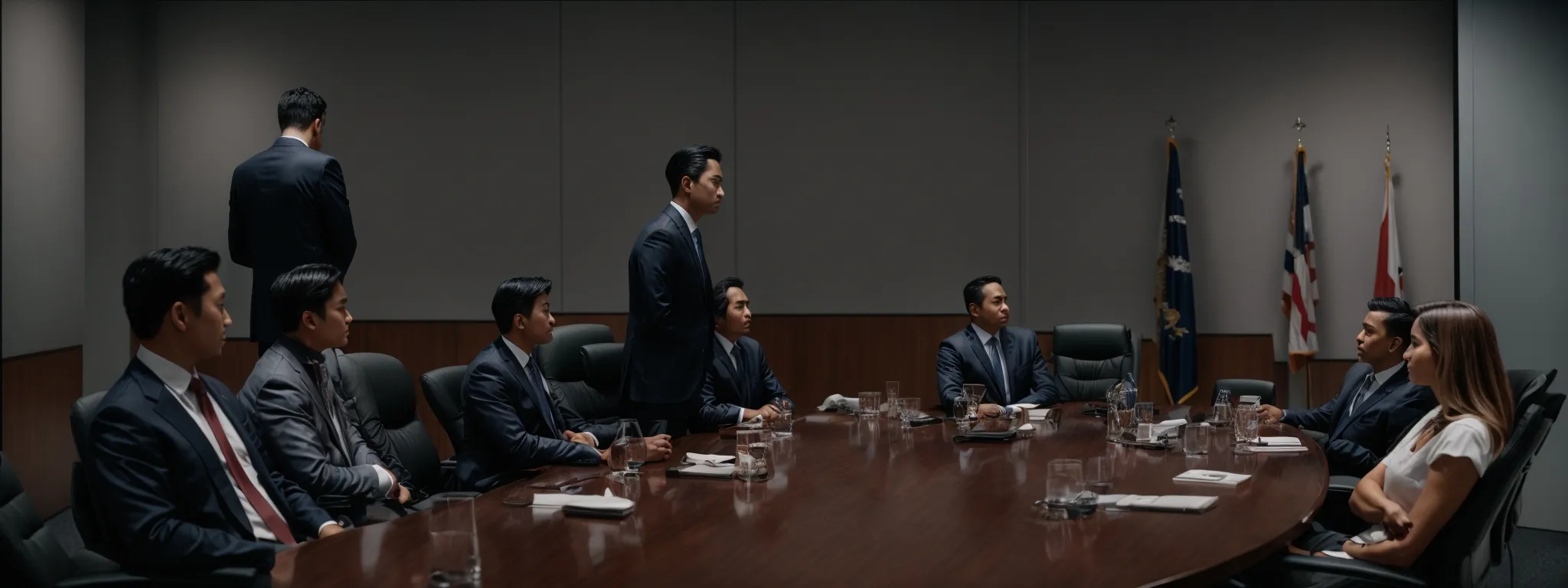 a corporate boardroom meeting with executives consulting around a large table.