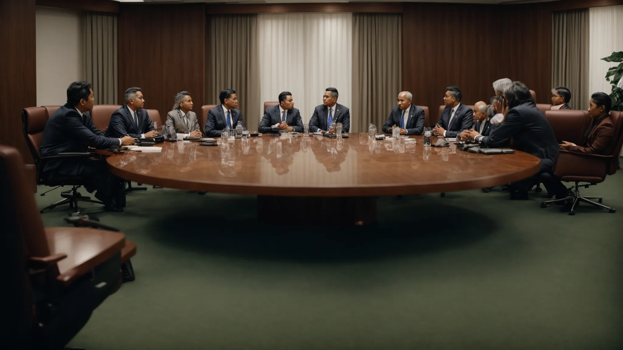 a roundtable of dignitaries engaged in earnest discussion within a conference room.