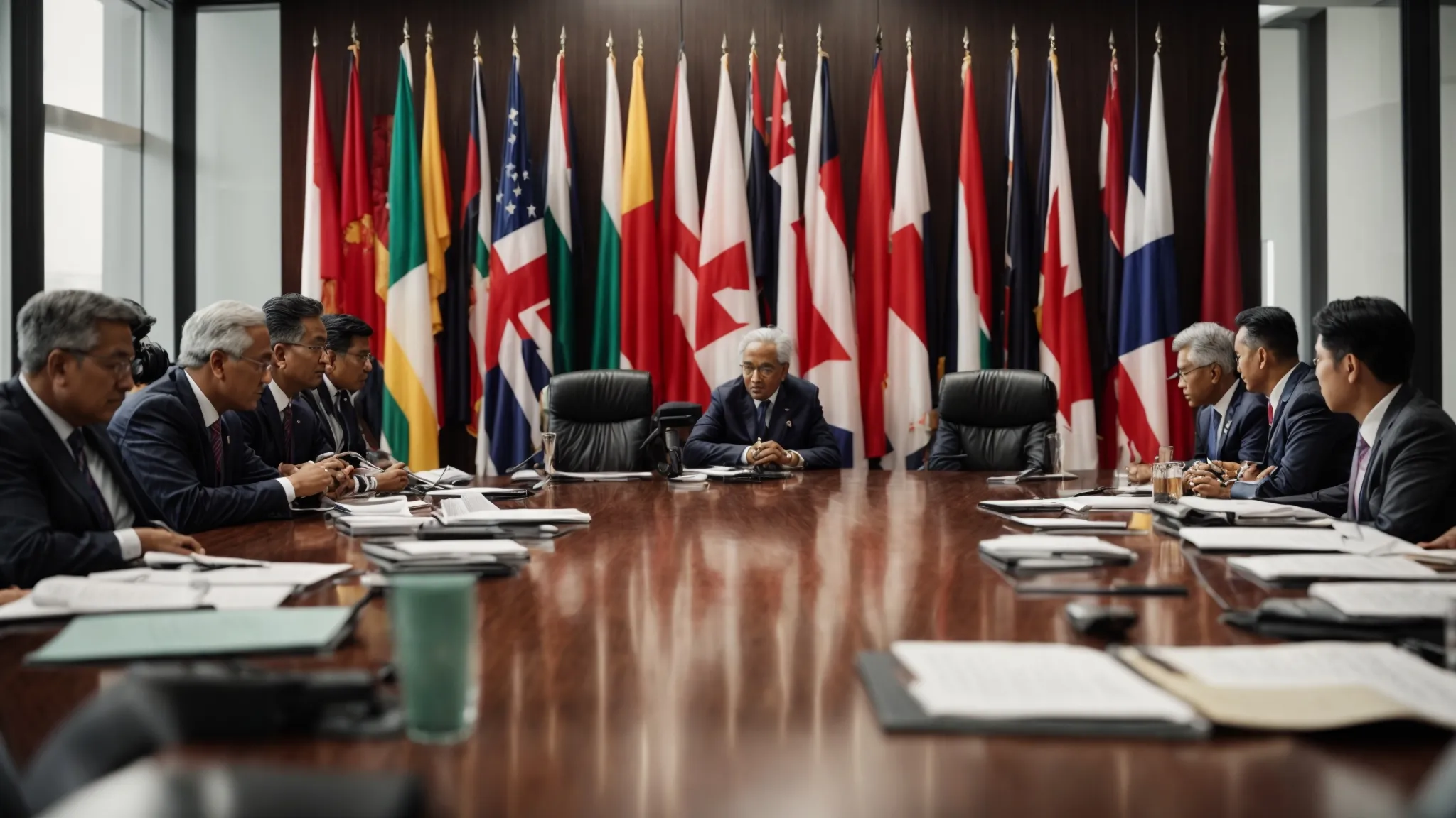 a group of professionals around a conference table with flags of various countries, discussing documents.