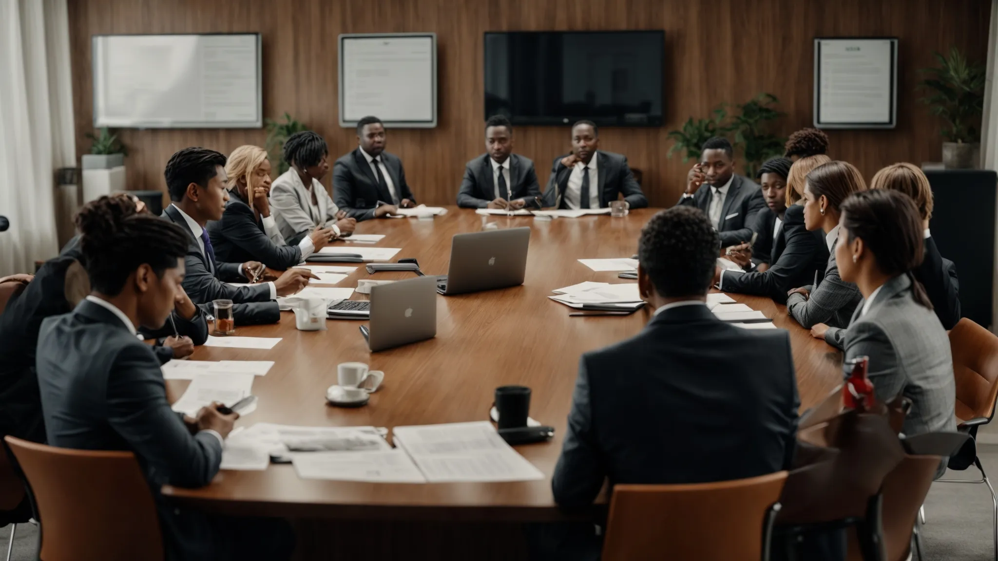 a group of professionals congregated around a conference table, with documents and digital devices, engaged in a serious discussion.