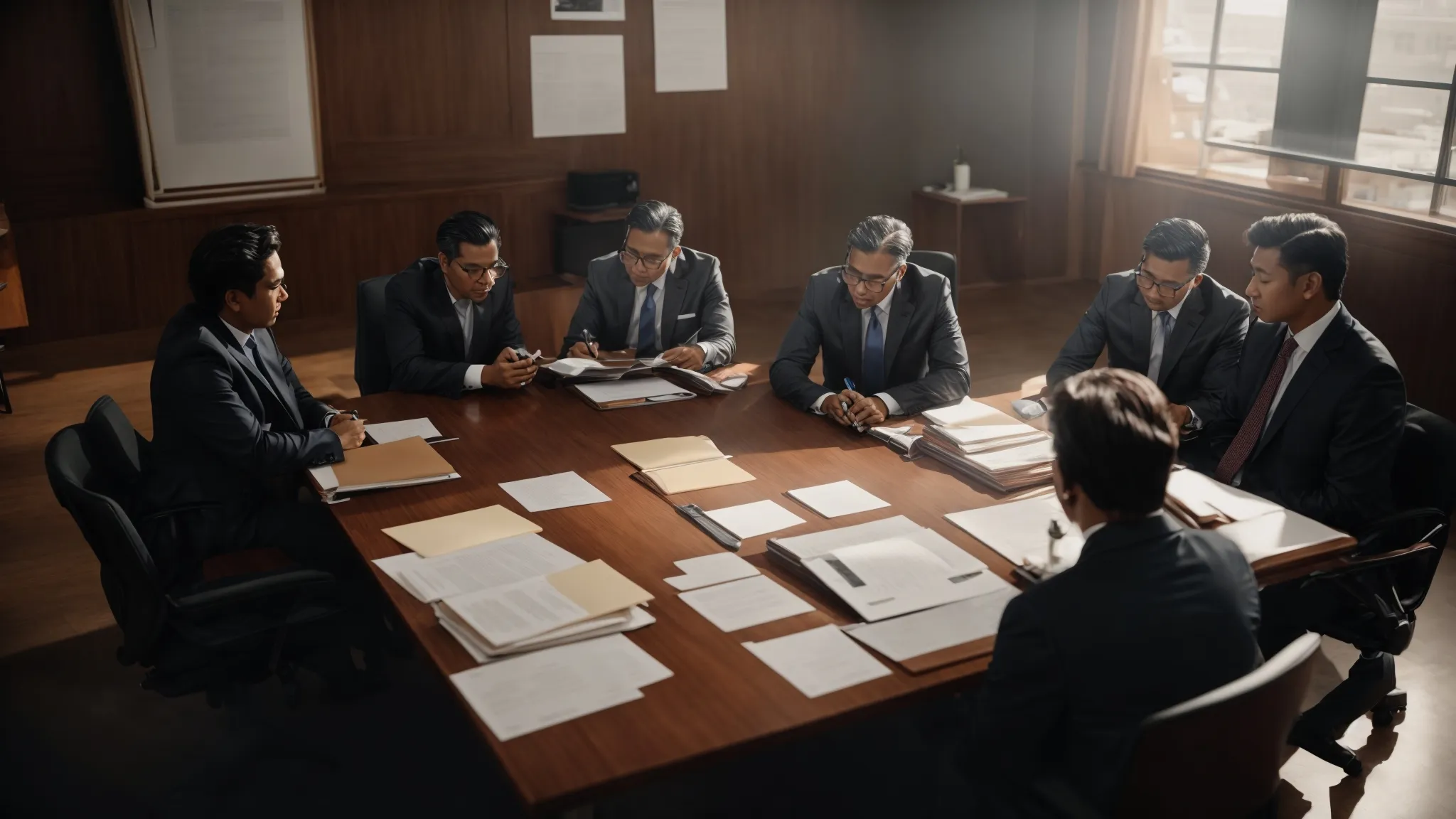a group of professionals gathered around a conference table, intently discussing documents and strategies.