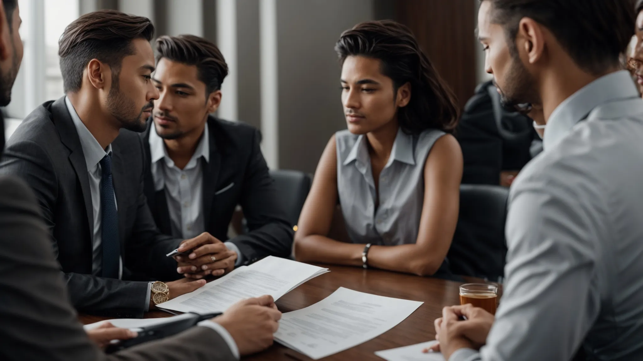 a close-up of a corporate meeting with documents, highlighting individuals engaged in a focused discussion about ownership information.