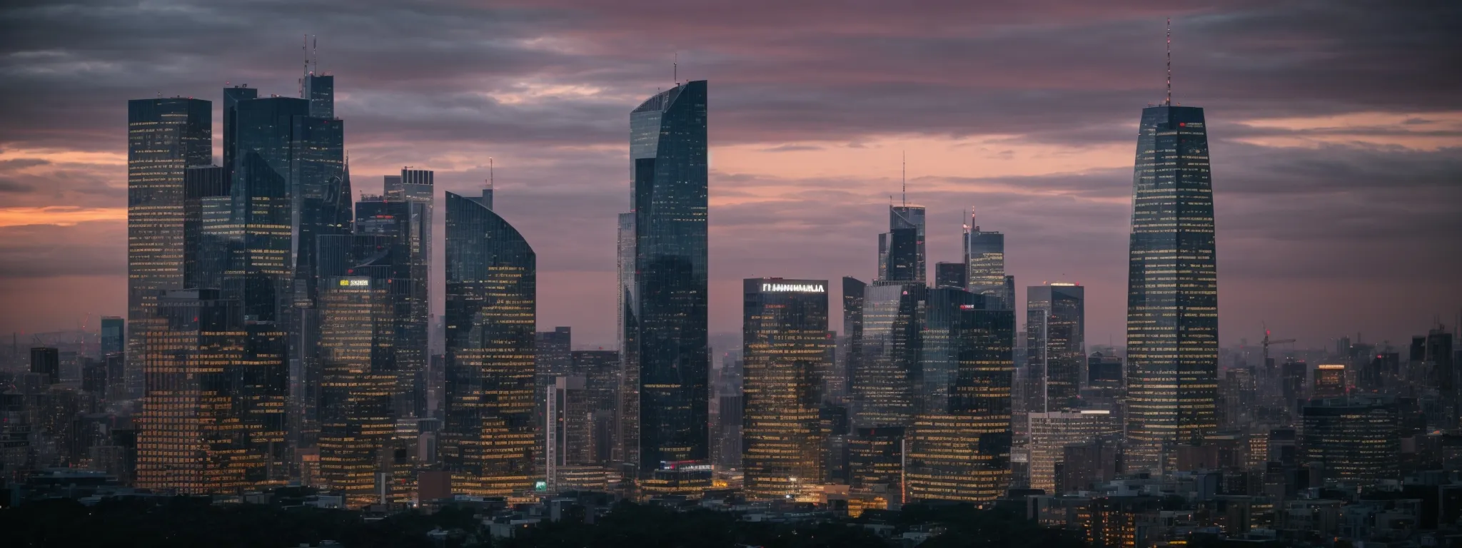 a skyline of major global financial centers with corporate buildings at dusk, symbolizing international investment powerhouses.