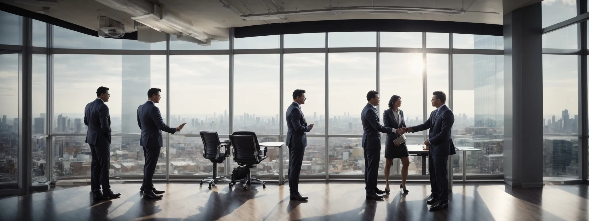 corporate executives shaking hands in a modern office building overlooking a bustling city skyline, symbolizing a partnership agreement.