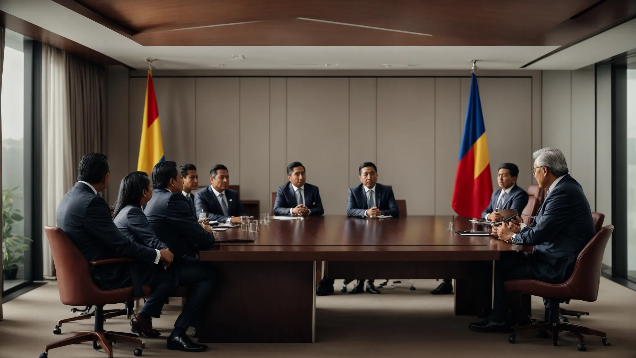 a meeting room with ecuadorian officials and foreign investors engaged in a tense discussion. Ecuador Armed Conflict Investors