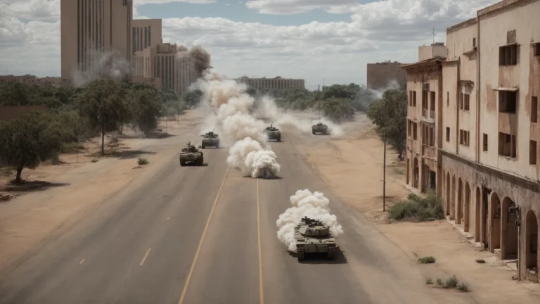 a plume of smoke rises in the distance as military vehicles patrol a deserted urban thoroughfare.