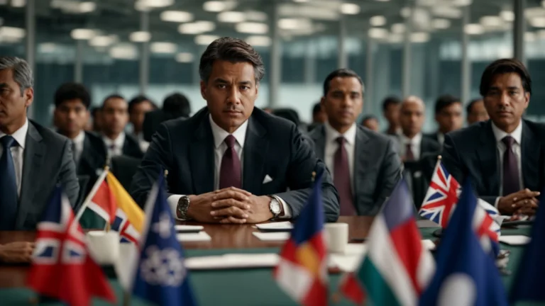 a stern-faced businessman in a suit sits at a global conference table surrounded by international flags.