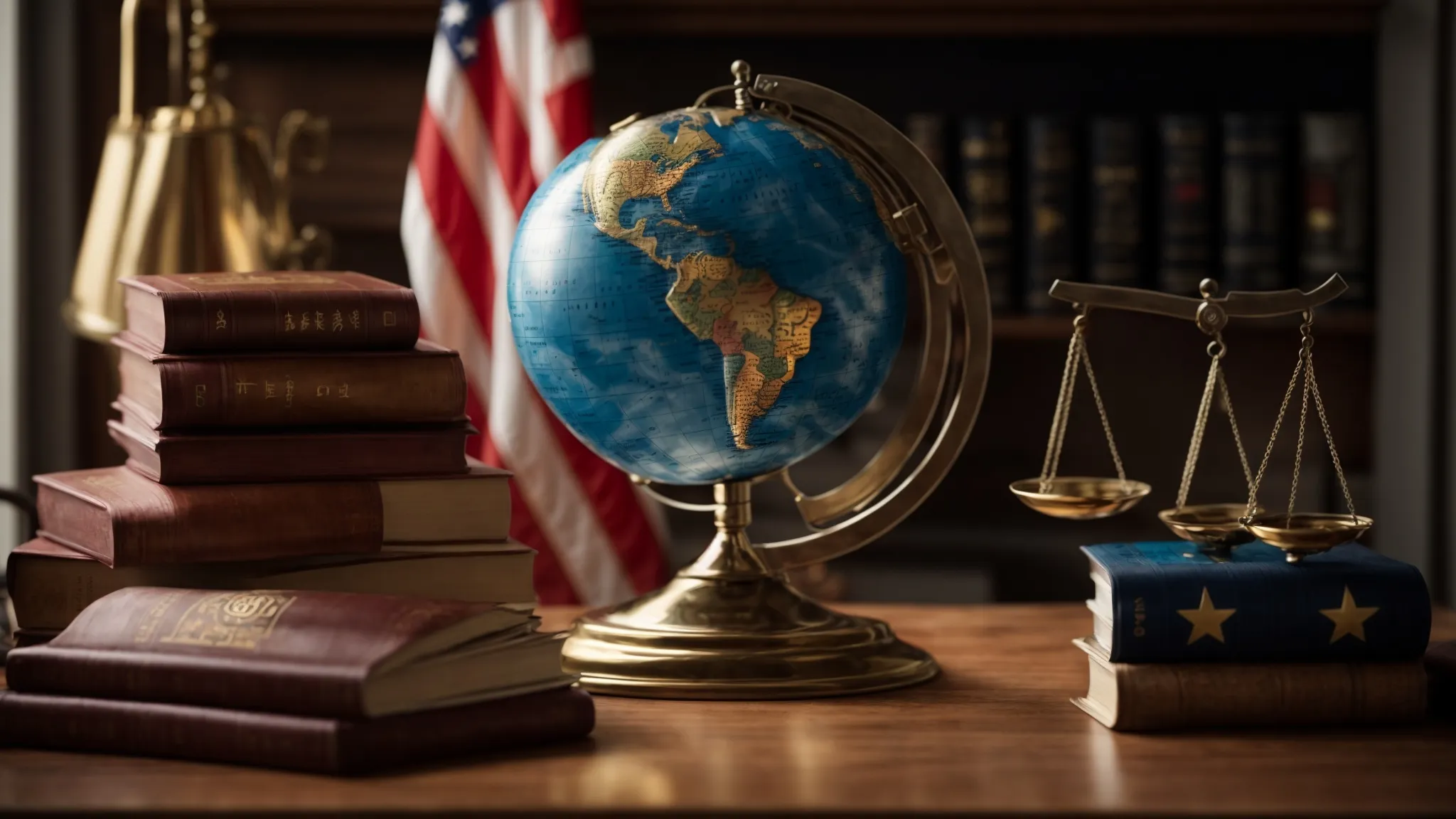 a globe and scales of justice on a table with international flags in the background.