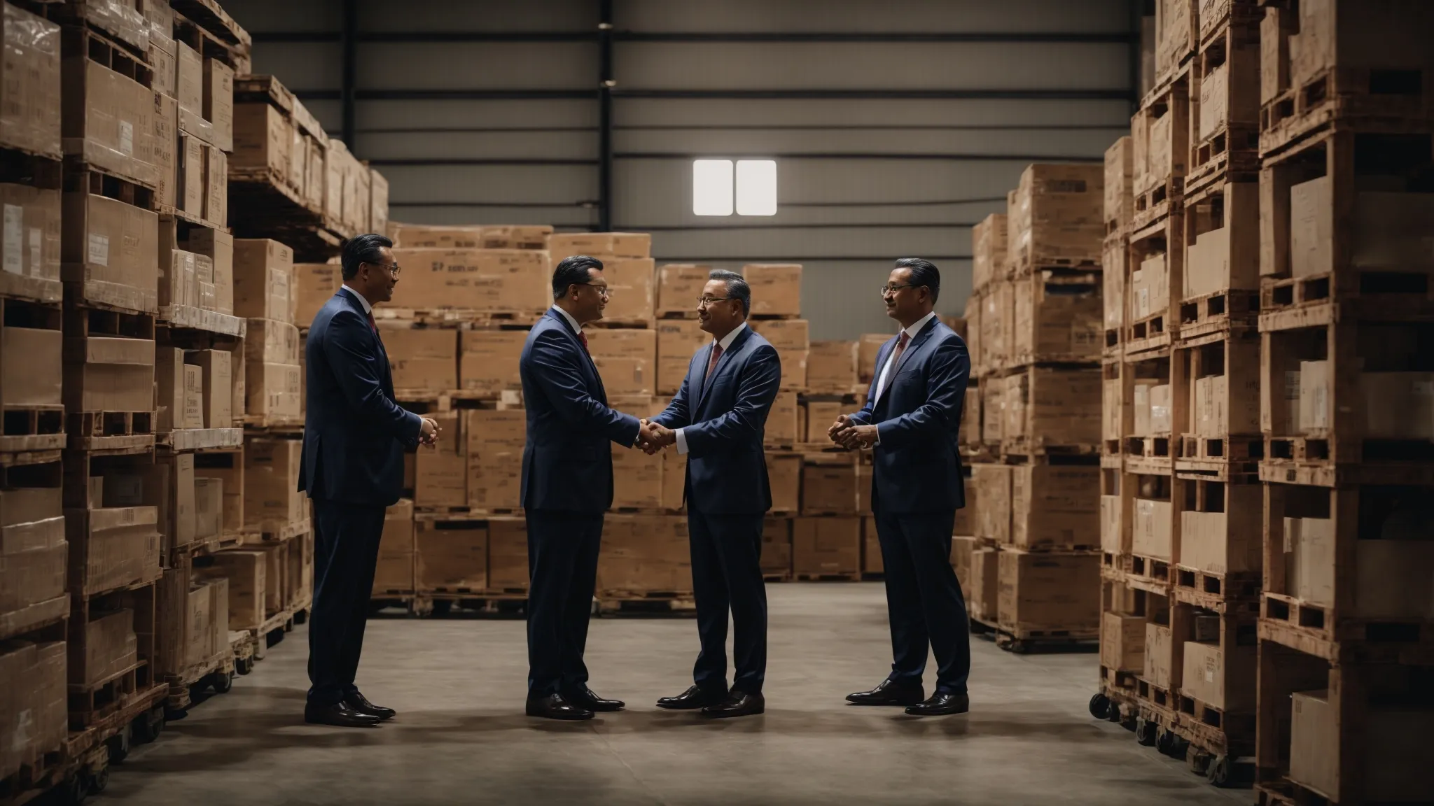 executives shaking hands in a warehouse with crates in the background.