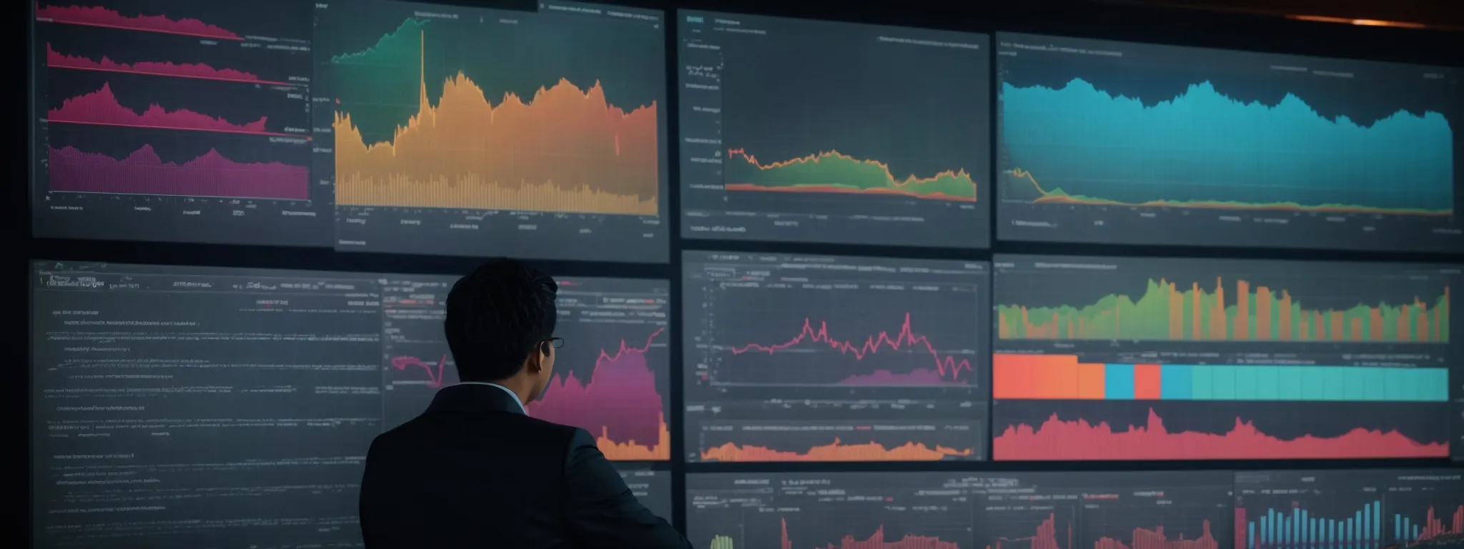a person analyzing colorful charts and graphs on a large screen representing various international market data trends.