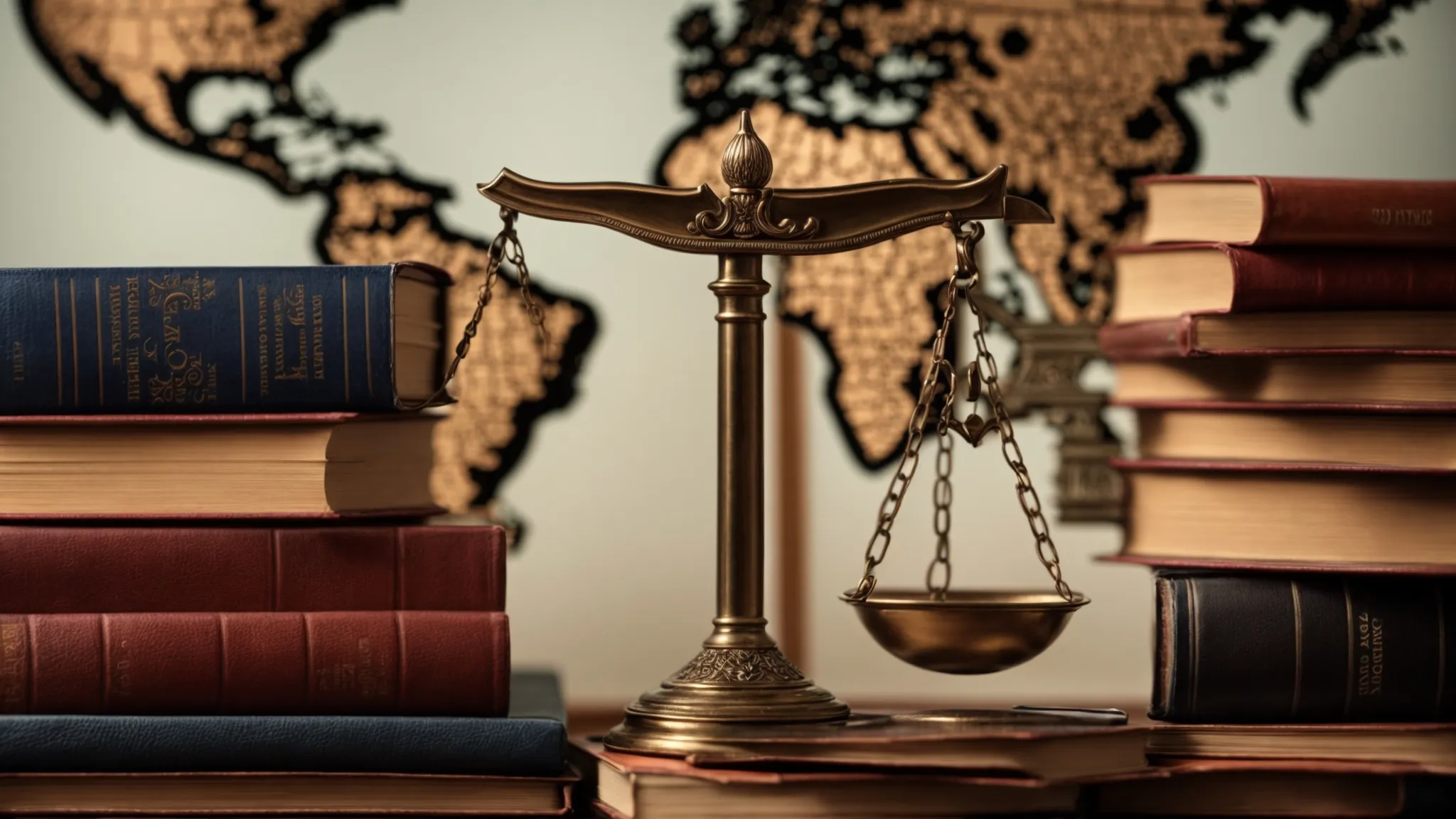a scale of justice balances atop a stack of various international legal books against a backdrop of a world map.