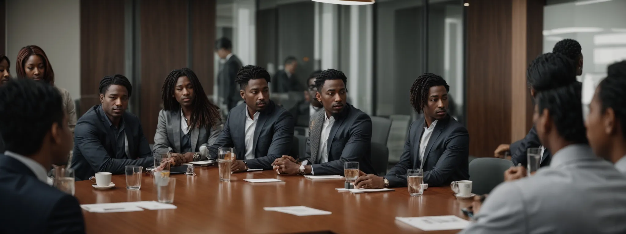 a multicultural business meeting with diverse professionals engaging in a strategy session across a large conference table.