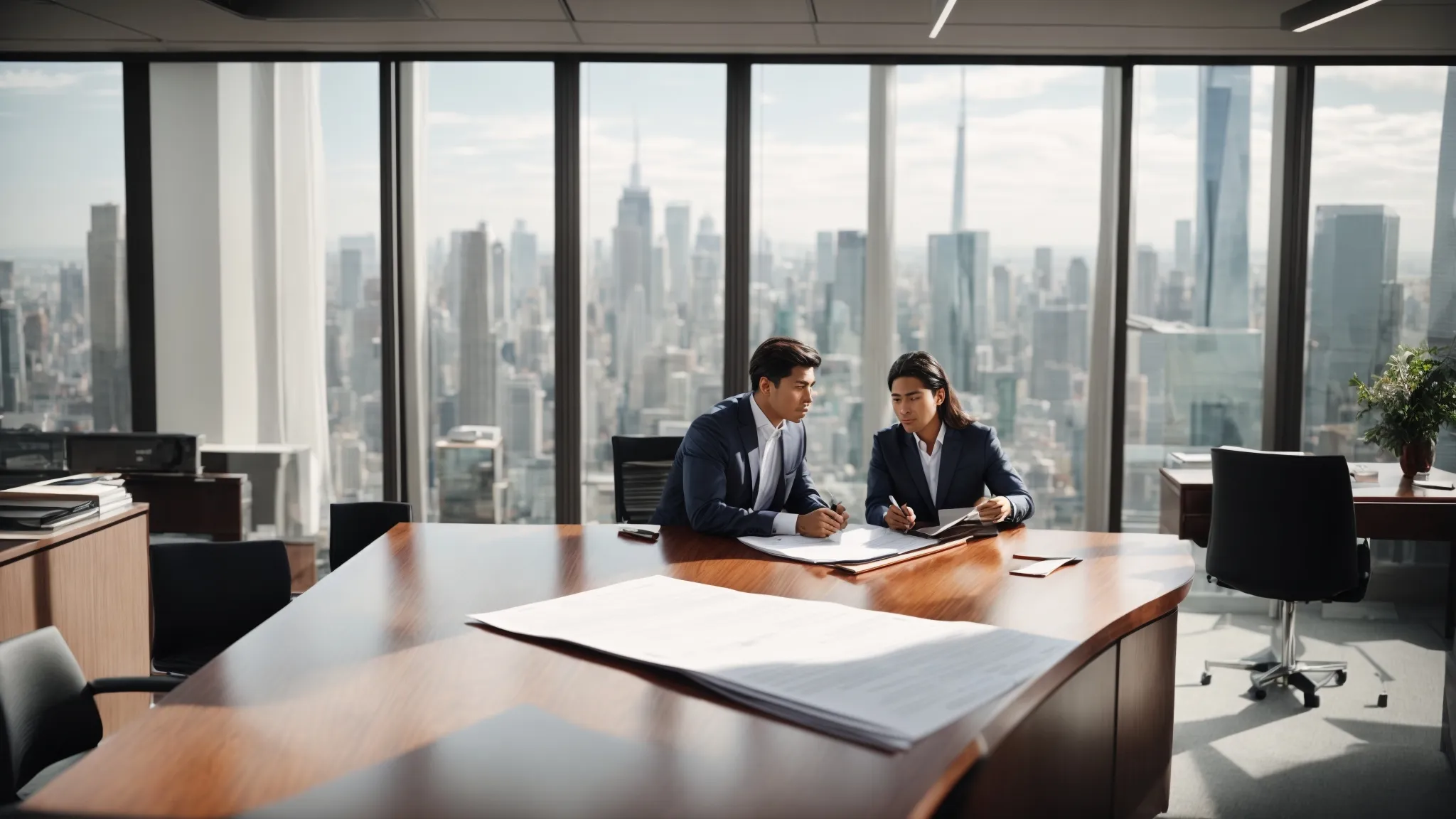 a client and a confident lawyer discuss over a large document-laden table in a bright, professional office overlooking a city skyline.