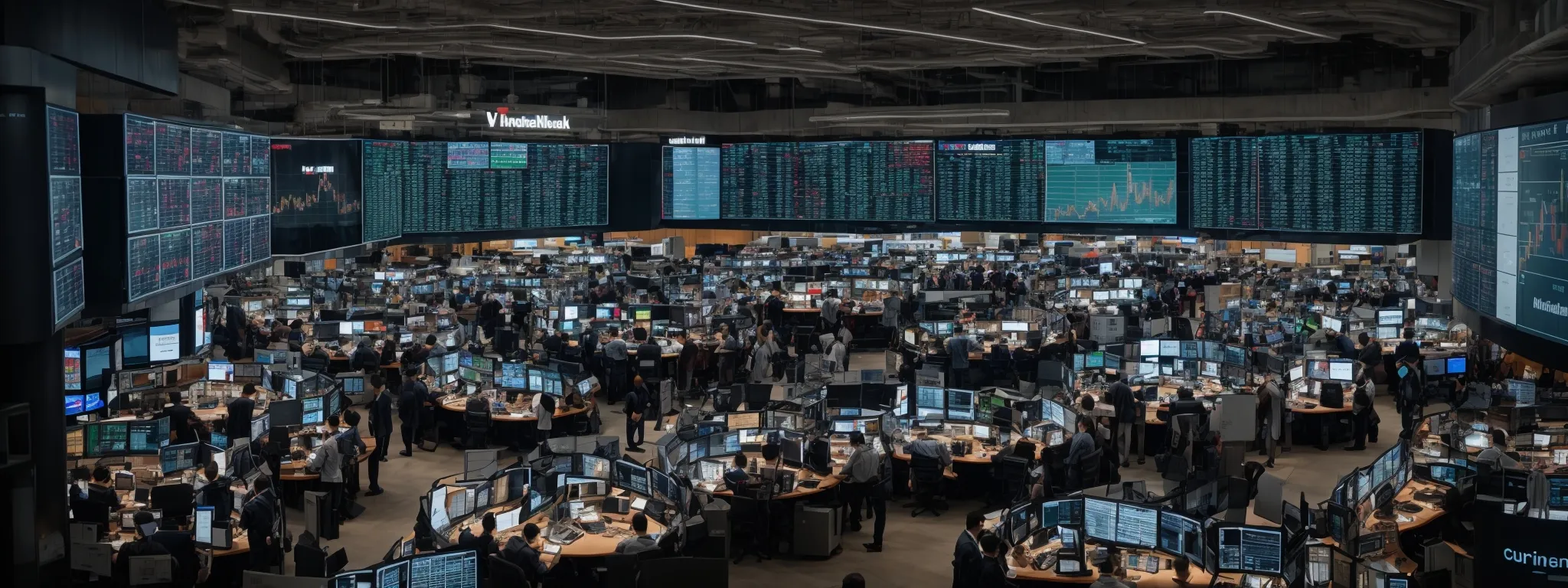 a bustling trading floor where digital screens displaying real-time global market data dominate the space.