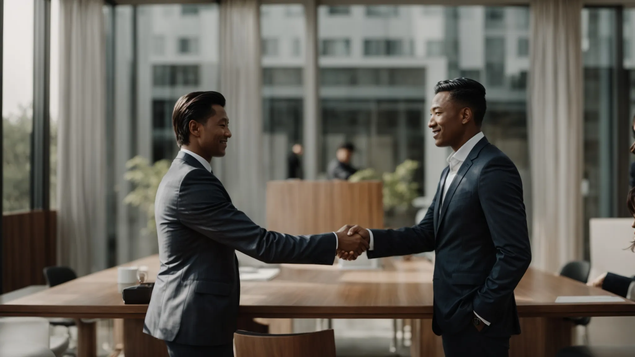 two business professionals shake hands across a table as a symbolic gesture of agreement after finalizing a thorough international contract.
