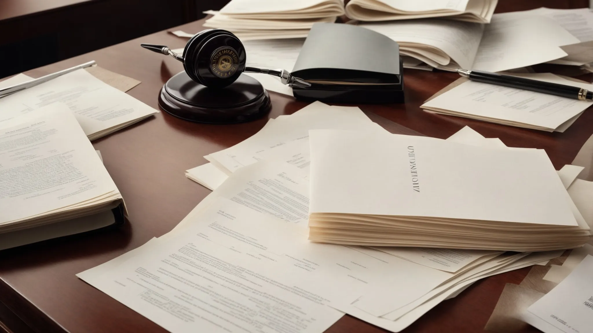 a lawyer's desk strewn with contracts and legal documents, with an expert witness consulting in the background.