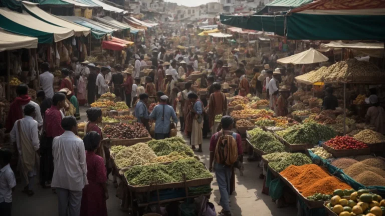 a bustling outdoor market with diverse vendors displaying exotic goods to a multinational crowd of shoppers.