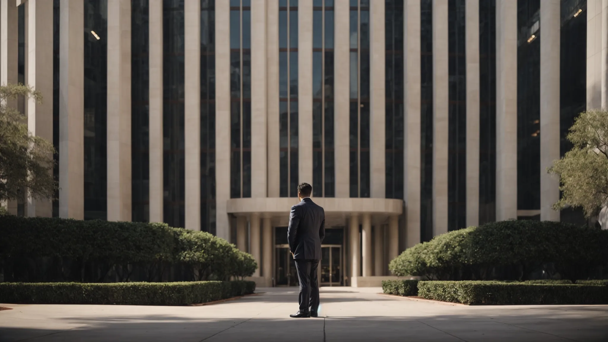 a lawyer stands facing a towering courthouse in downtown florida, a visual metaphor for the complexities of business litigation within the state.
