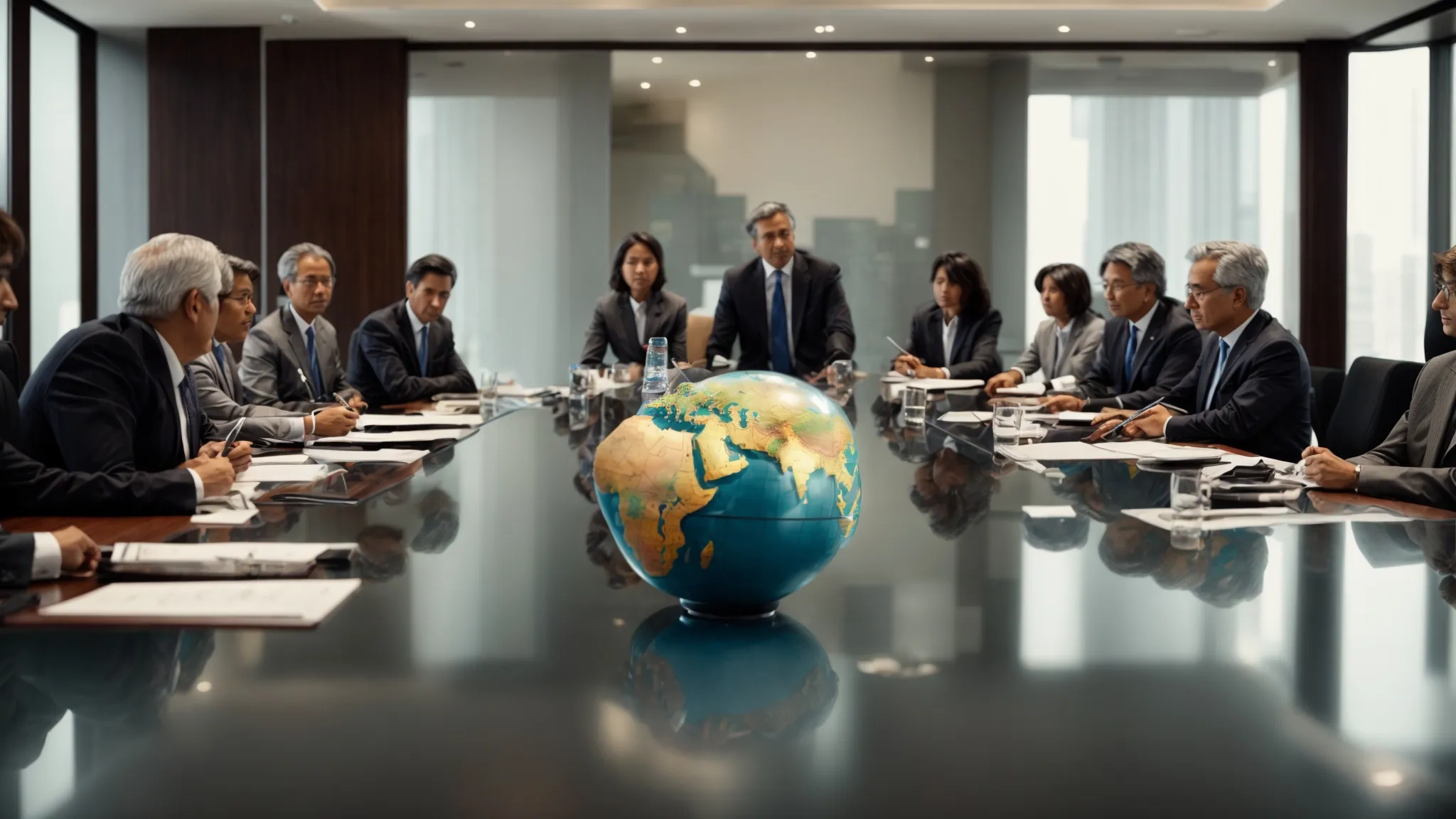 a group of professionals gathered around a conference table focused on documents and a globe, symbolizing international agreement discussions.
