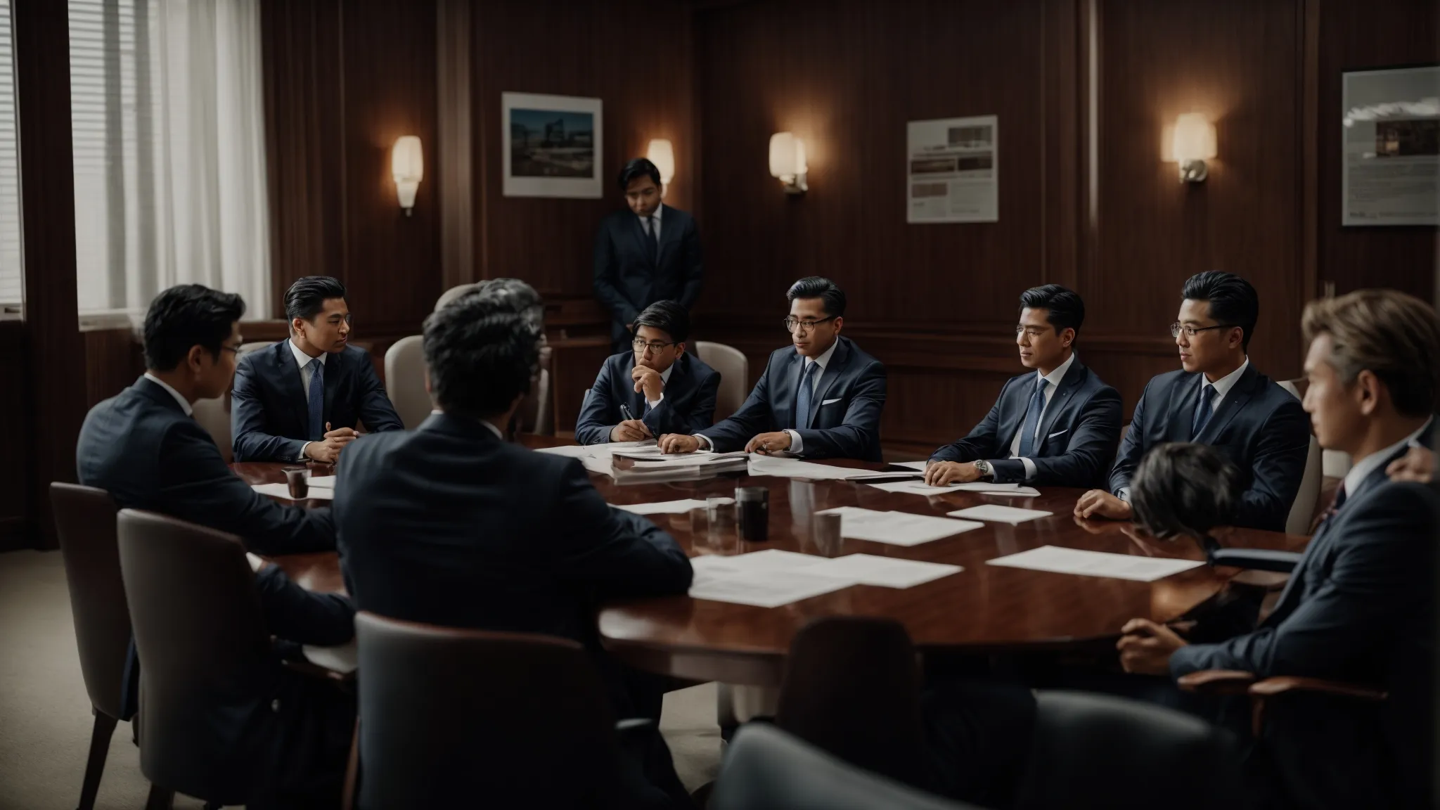 a group of suited professionals seated around a conference table, discussing documents.