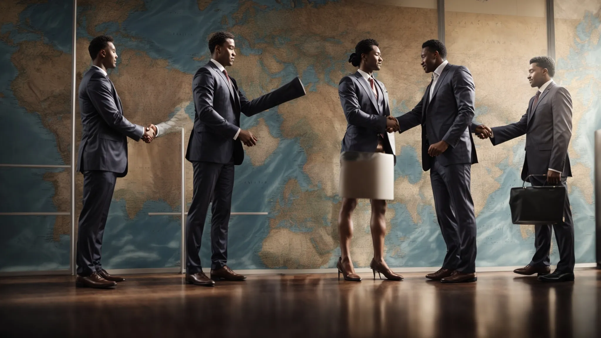 business professionals from diverse backgrounds shaking hands over a global map.