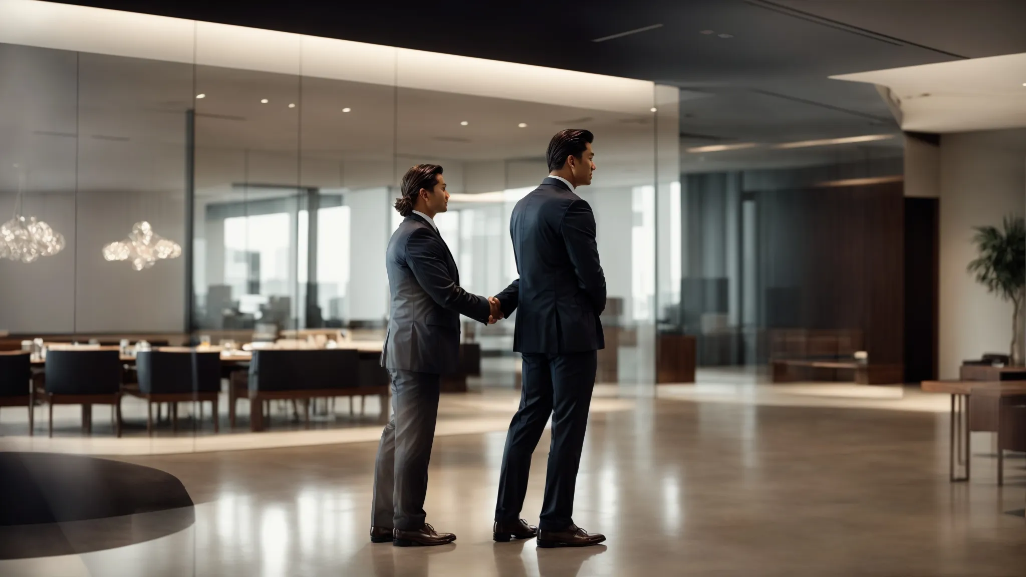 two business professionals shake hands in a sleek conference room, symbolizing agreement over an international contract.