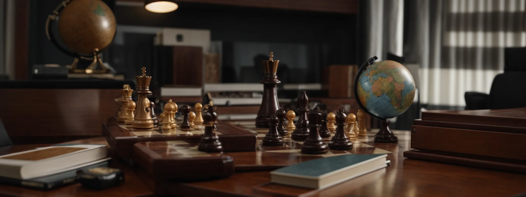 a globe and a chessboard strategicaly positioned on an executive desk, symbolizing global market expansion decisions.