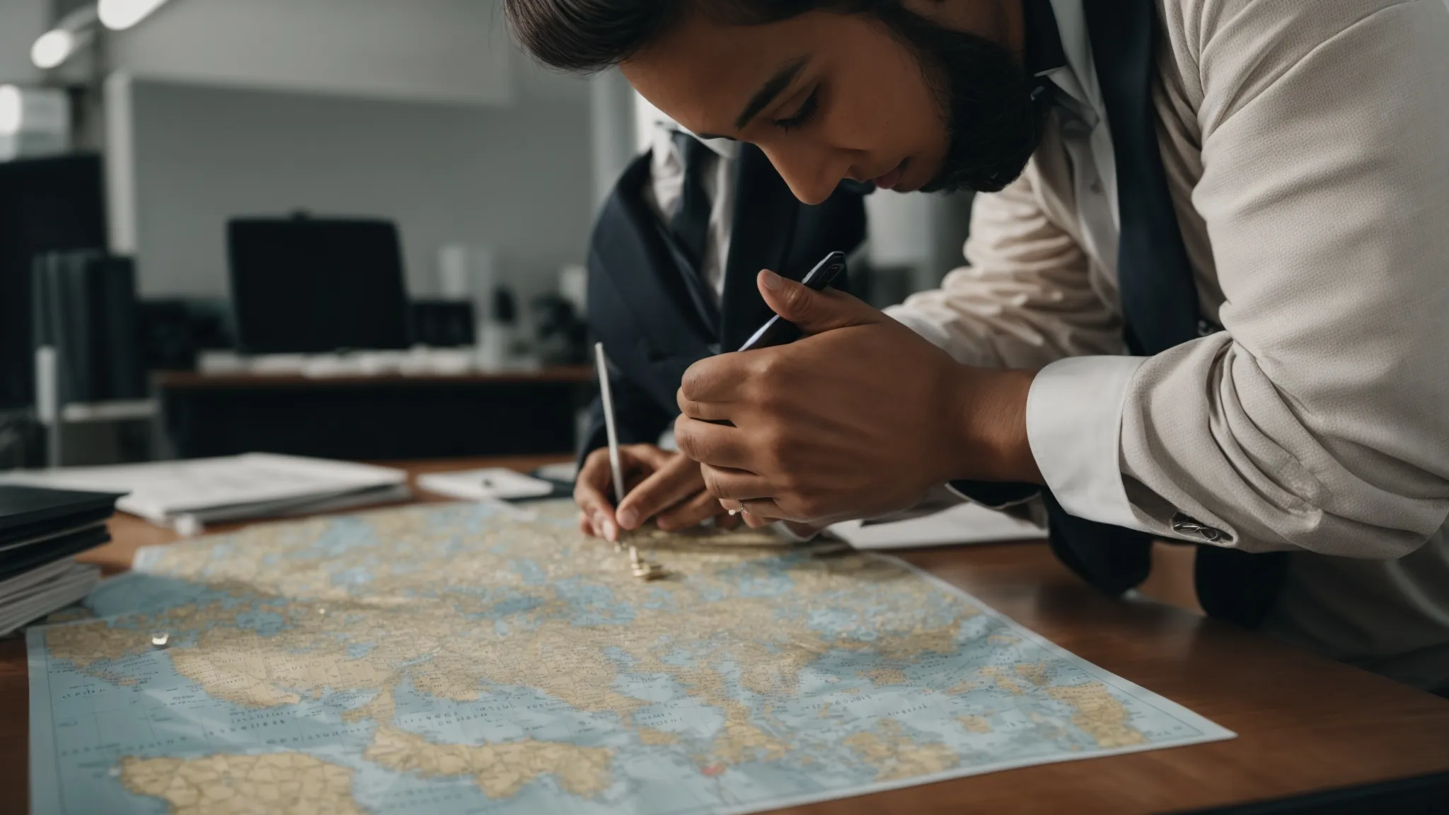 a professional in a suit studies a world map dotted with pins and connecting lines while clutching a phone in a well-lit office.